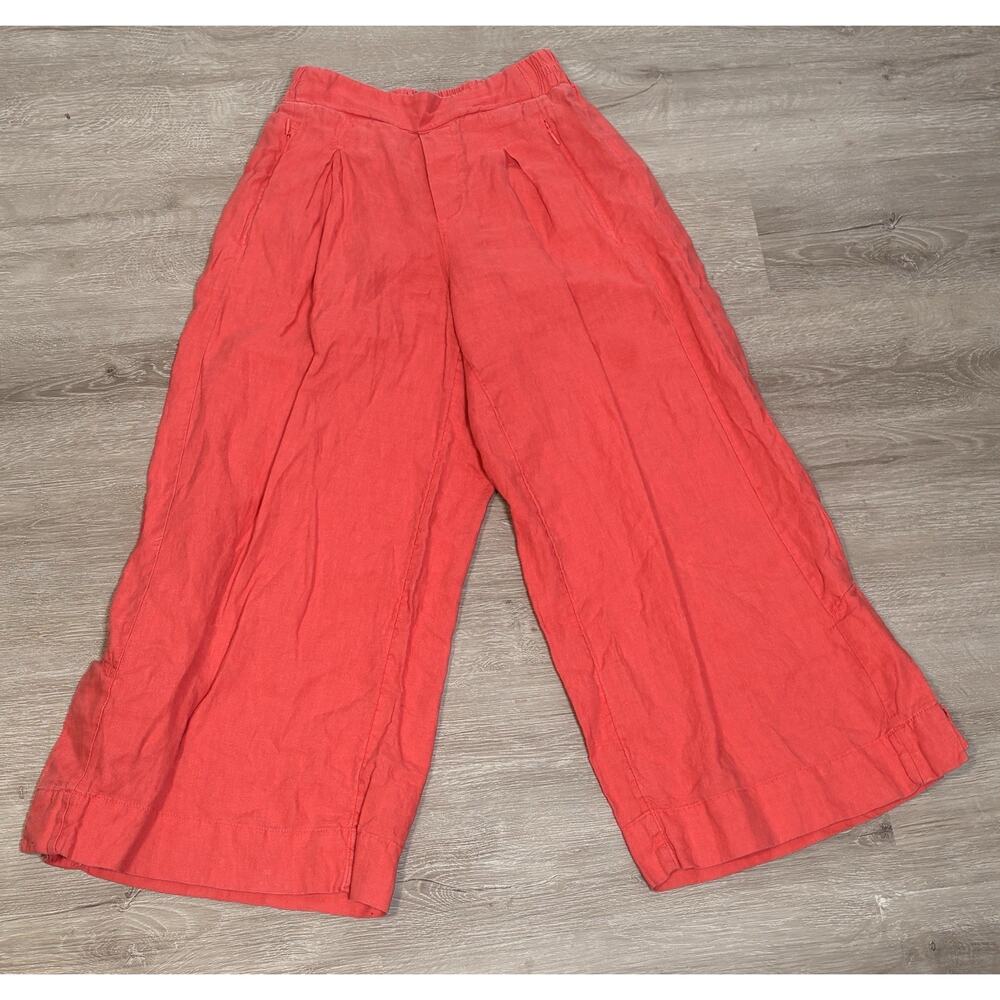 Athleta Playa Pants Womens Sz 0 100% Linen Pink Elastic Crop Wide Leg Pull On